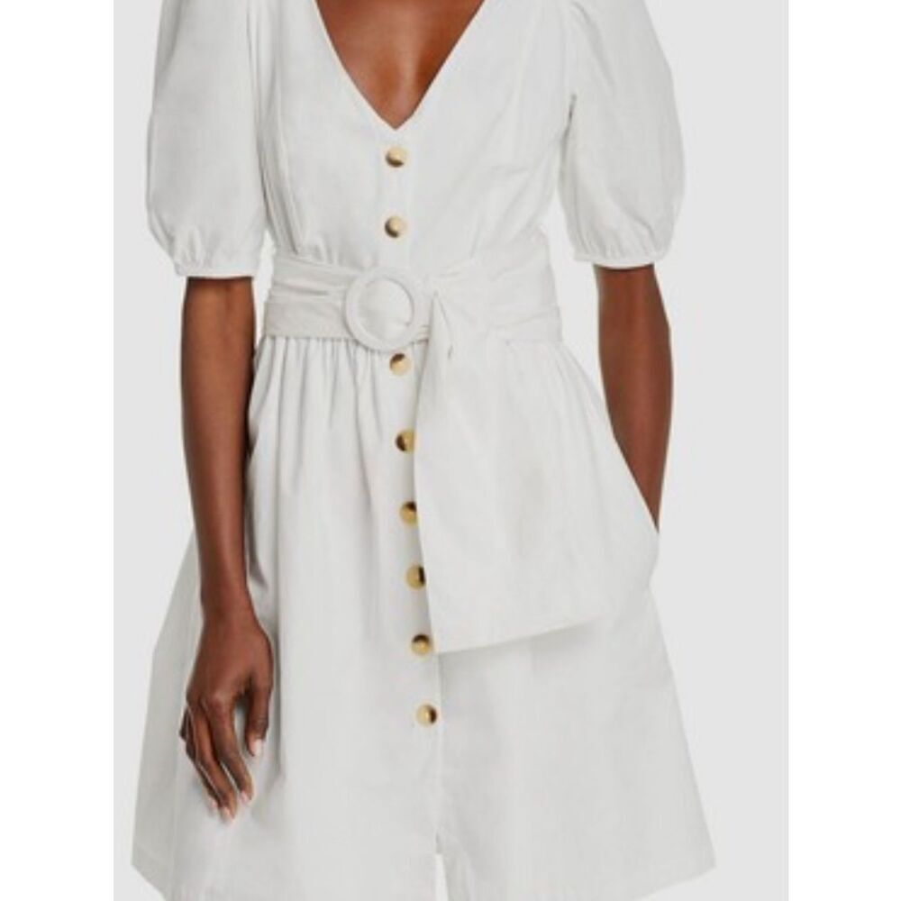 French connection NWT White V-Neck Puff Sleeve Belted Button-Front Dress
